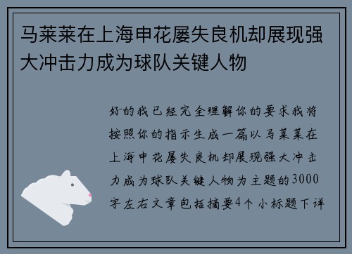 马莱莱在上海申花屡失良机却展现强大冲击力成为球队关键人物